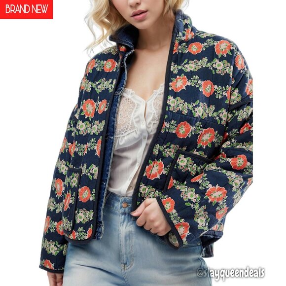Cropped Puffer Quilted Jacket Open Front Lightweight Vintage Floral Print